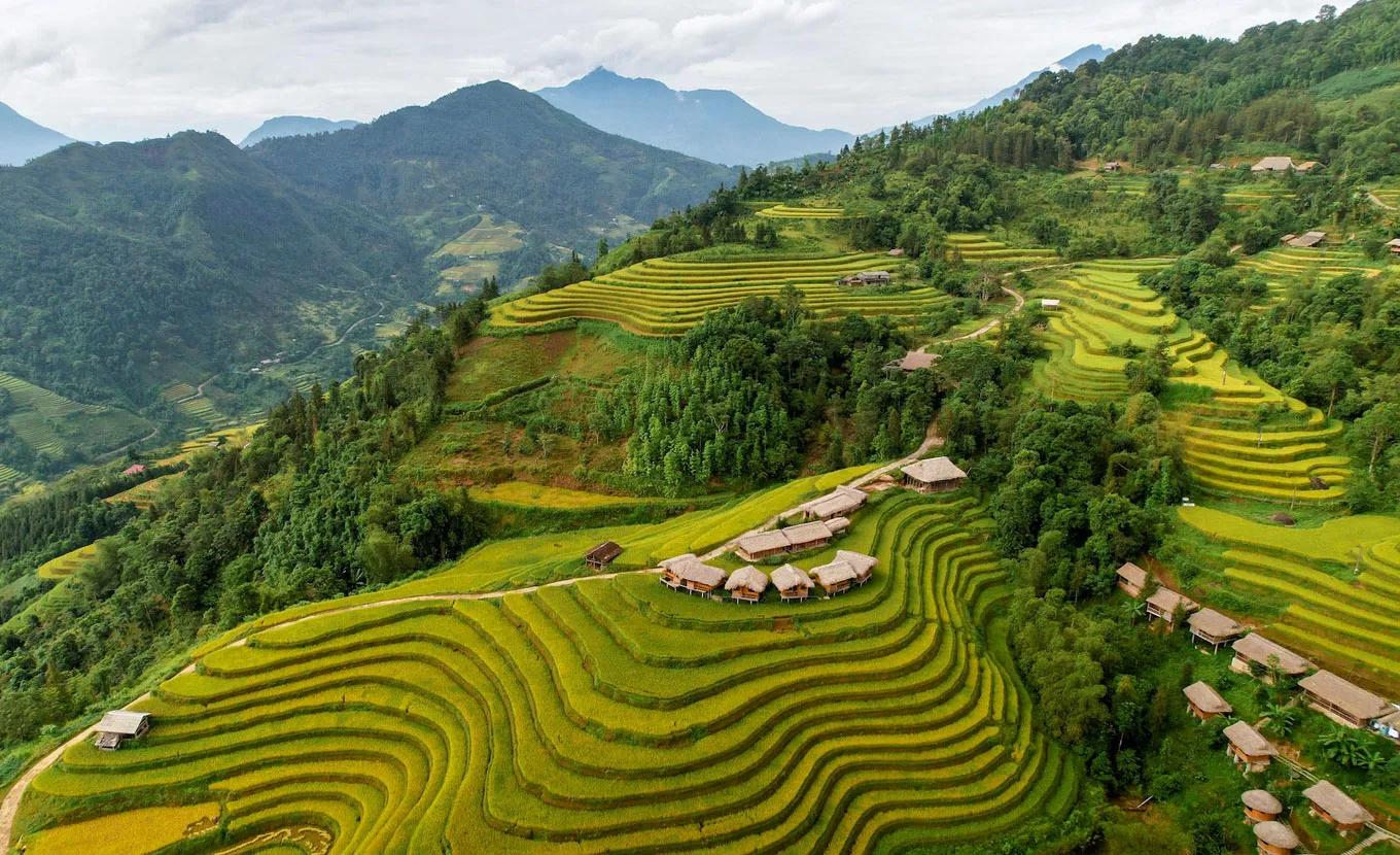 Mountain village houses surrounded by terraced rice fields and hillsides in Hoang Su Phi, northern Vietnam