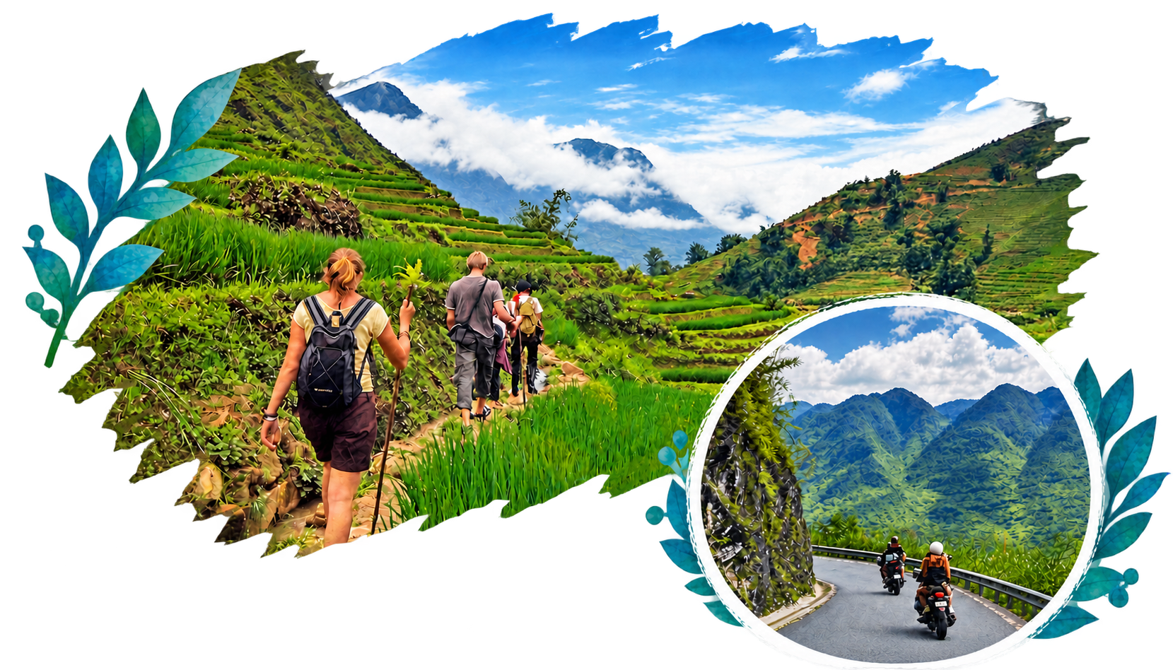 Travelers trekking through green rice terraces and riding mountain roads in Northern Vietnam