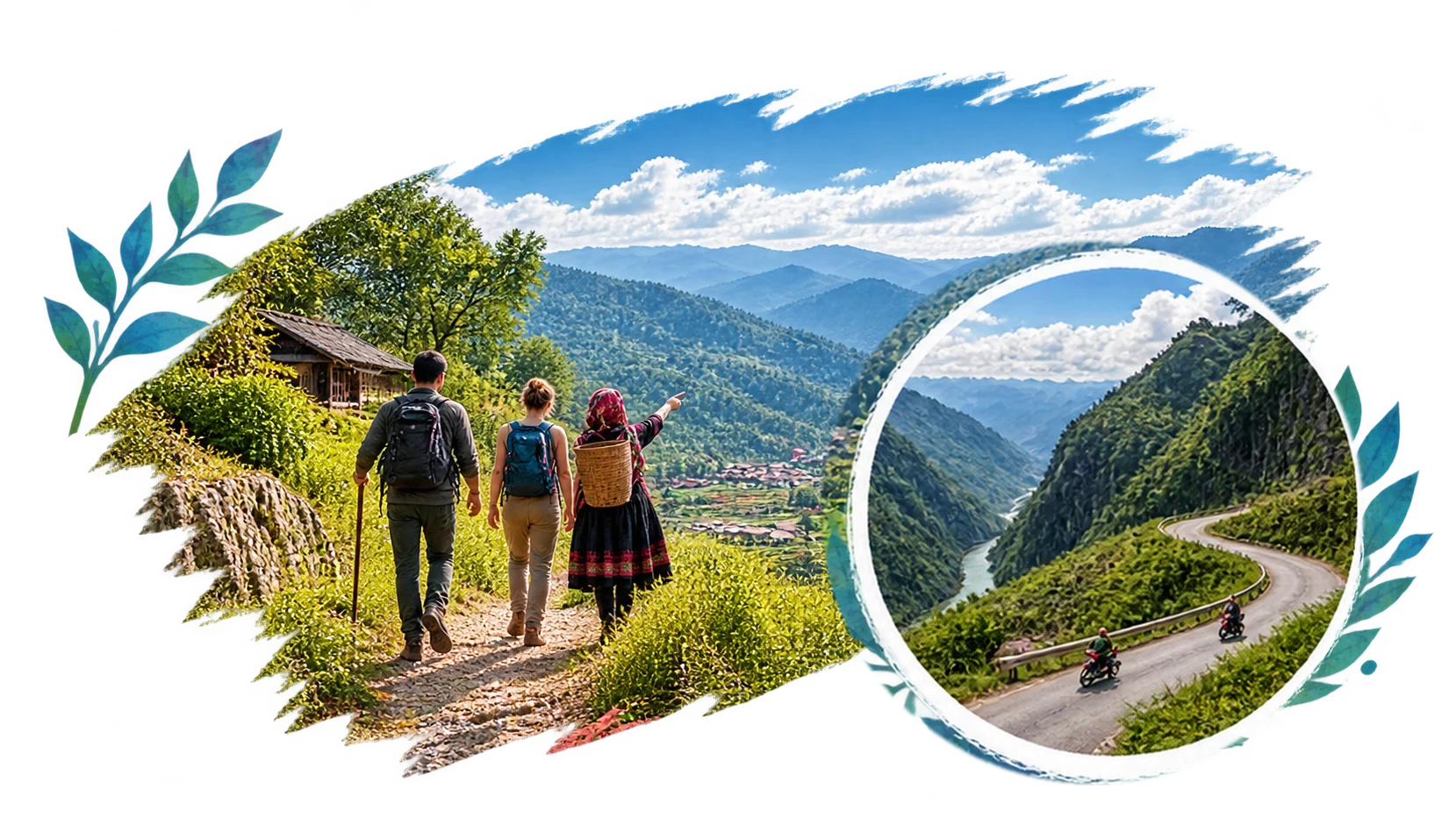 Illustration of travelers exploring mountain trails and terraced landscapes in Northern Vietnam